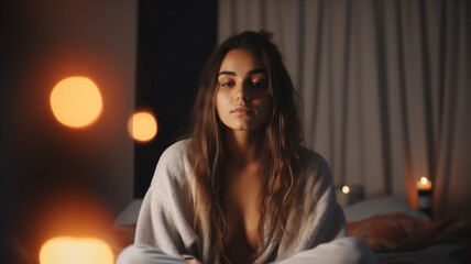 humble or sleepless or anxious or unmotivated or lonely, young adult woman in bathrobe at home, sitting on bed, caucasian, brunette