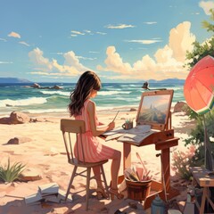 A high school girl artist is painting landscape and still life with fruits and watermelon on background seaside beach.