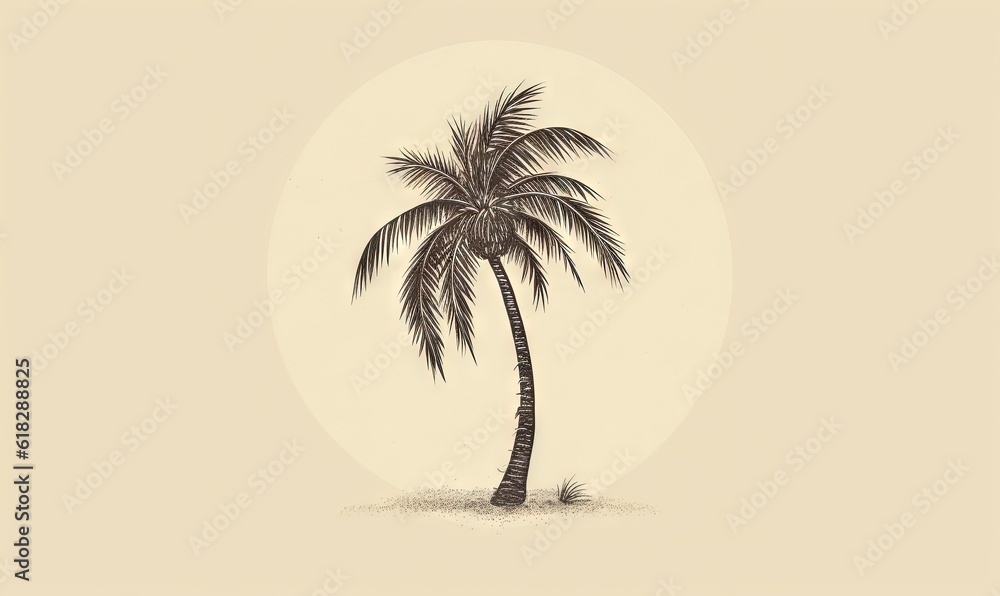 Poster a drawing of a palm tree in a desert landscape with a full moon in the background. generative ai