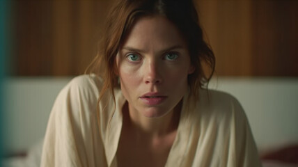 Fototapeta premium sad mature woman sits on bed, alone at home or hotel room, bathrobe or shirt