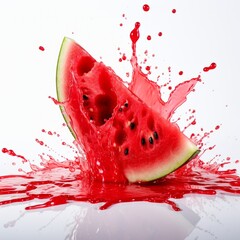 Photgraphy of a three quarter angled smashed full watermelon that has thick red liquid oozing from him isolated on white background.