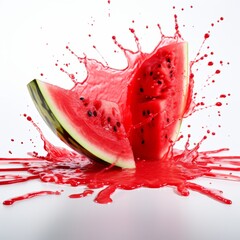 Photgraphy of a three quarter angled smashed full watermelon that has thick red liquid oozing from him isolated on white background.