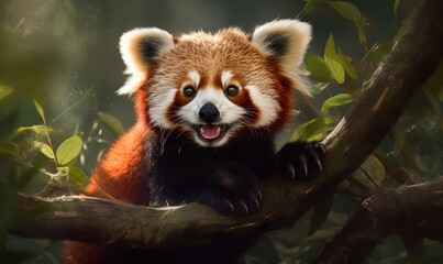 a red panda sitting on a tree branch with its mouth open.  generative ai