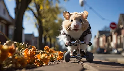 Fotobehang Photo of a hamster riding a skateboard on a city street © Artur