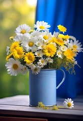 Blue tin mug with bunch of daisies. Generative AI