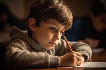 Child writing in a notebook in class. Fictional person. Generative AI