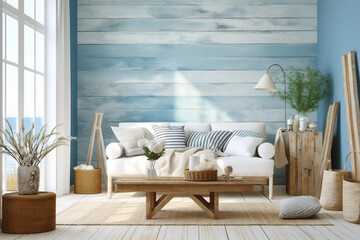 Vintage beach house wooden blue white interior. Generative AI - 618289493