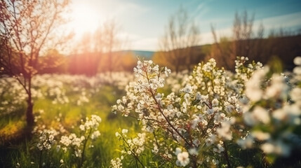 Fototapeta premium Beautiful blurred spring background nature with blooming glade, trees and blue sky on a sunny day. Generative AI