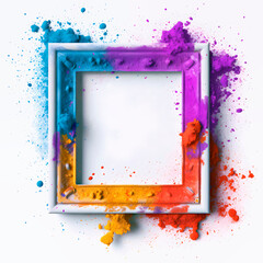Explosion of multicolored particles of powder at the Holi party with a photo frame on a white background. AI Generative.