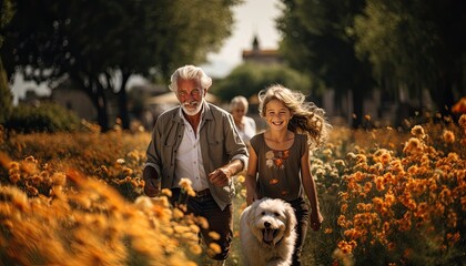 Photo of a family walking their dog through a vibrant field of flowers