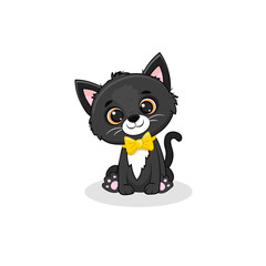 cartoon black cat sits on a white background. Cute kitten in cartoon style. Illustration for postcard, banner, web, design, arts. 