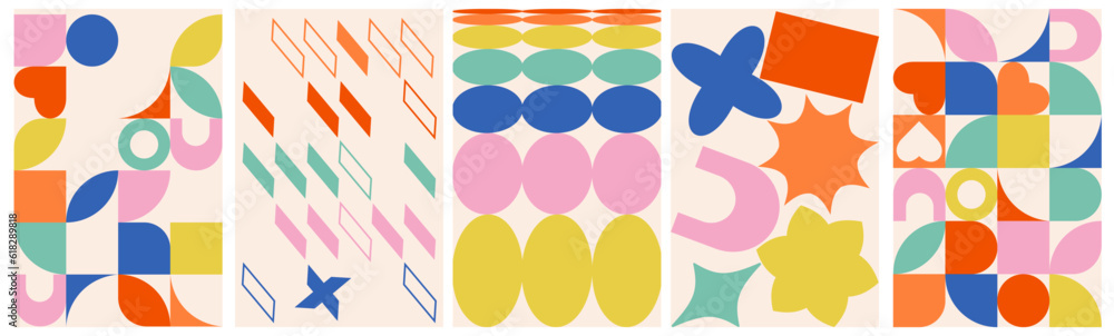 Poster colorful abstract shapes backgrounds. geometric isolated posters in retro brutalist style. vector fl