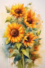 Rustic Sunflowers watercolor illustration. AI generated