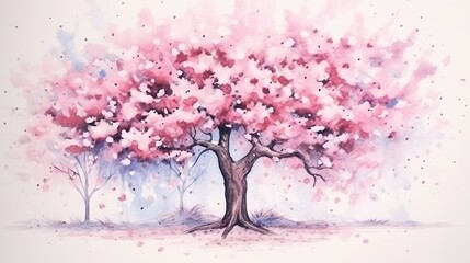 Watercolor beautiful cherry blossom tree in bloom. AI generated