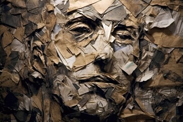 A silhouette of a head, half filled with crumpled waste paper, the other half spilling onto the reflective surface below. A photograph depicting the feeling of anxiety. Generative AI