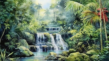 Watercolor tranquil waterfall in a lush jungle. AI generated