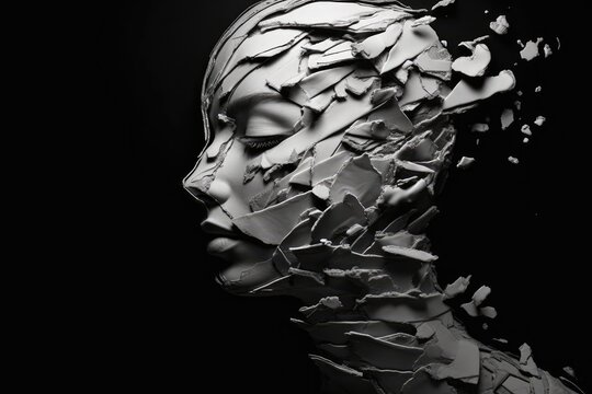 A silhouette of a head, half filled with crumpled waste paper, the other half spilling onto the reflective surface below. A photograph depicting the feeling of anxiety. Generative AI