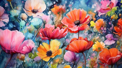 Watercolor vibrant garden full of blooming flowers. AI generated