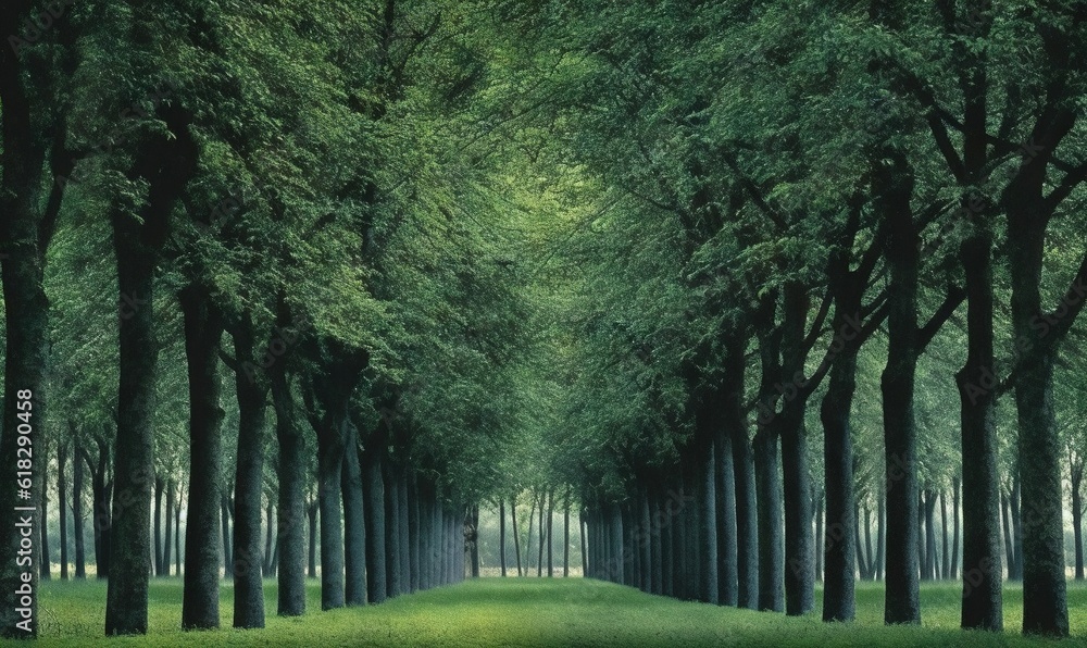 Poster a path through a forest with tall trees on both sides. generative ai