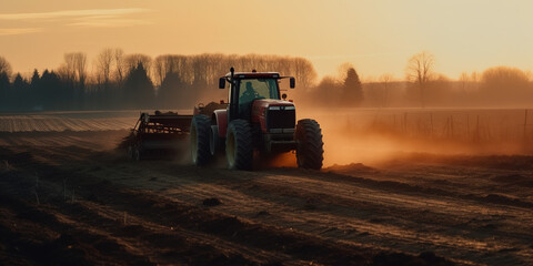 Obraz premium Tractor driving across large field making special beds for sowing seeds into purified soil. Agricultural vehicle works in the countryside. Generative AI
