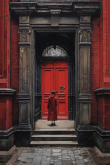 Red ancient old door of gothic cathedral. Generative ai