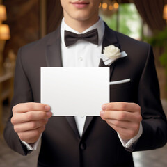 Man in suit, a Groom showing a white card in hands. Groomsman card mock-up
