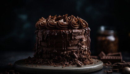 Fototapeta na wymiar Indulgent homemade dark chocolate dessert on rustic table generated by AI