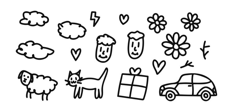 Various cute doodle elements set. Hand drawn cartoon childish sheep, cloud, cat, heart, lightning, flower, car, plant. Child groovy painting . Outline tattoo or clothes print sketch (Full Vector)