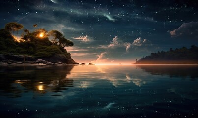 Naklejka na ściany i meble a night scene of a lake with a small island in the middle. generative ai
