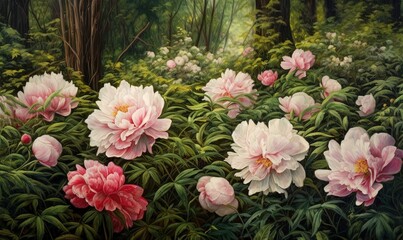  a painting of pink and white flowers in a green forest.  generative ai