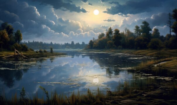  a painting of a lake with a full moon in the background.  generative ai
