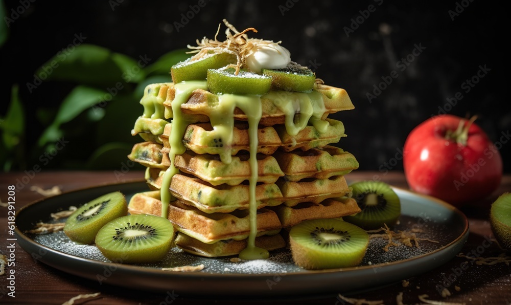 Poster a stack of waffles covered in kiwi sitting on a plate. generative ai