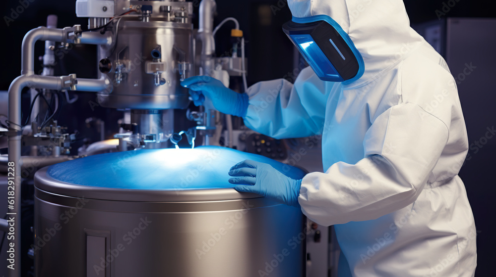 Aufkleber a man in a white lab coat working on a machine. generative ai. unrecognisable workers in protective 