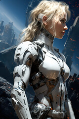 A woman in a futuristic suit standing in front of a city. Generative AI.