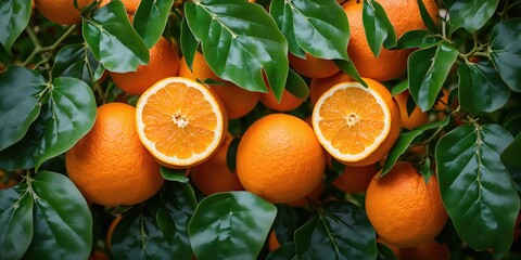 Naklejka premium Oranges with leaves as a background, top view.