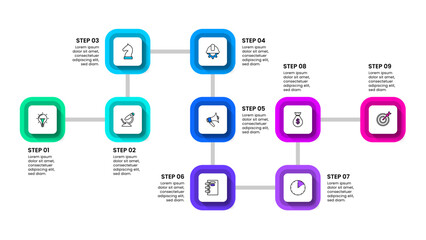 Infographic template. Squares with a line and 9 steps
