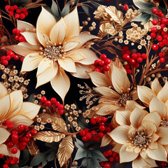 Naklejka na ściany i meble Christmas seamless vector background with white and gold poinsettia flowers and red berries, vintage watercolor style.
