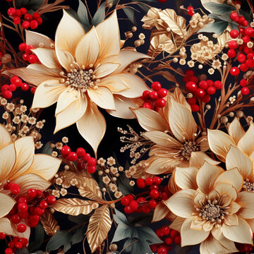 Christmas Seamless Vector Background With White And Gold Poinsettia Flowers And Red Berries, Vintage Watercolor Style.