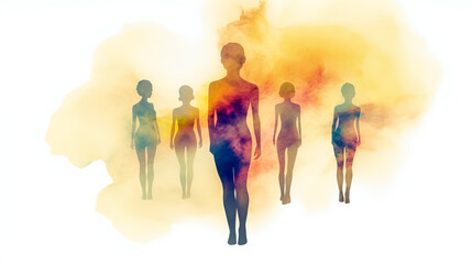 A group of female silhouettes in yellow smoke. Alcohol ink. AI generated.