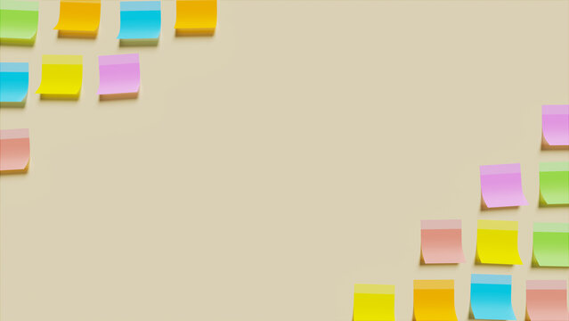 3d illustration of sticky note papers on cream wall, work and organization theme