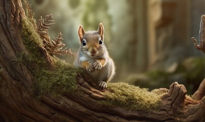 a squirrel is sitting on a mossy tree branch in a forest.  generative ai