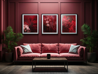 Frame mockup in luxury dark red living room interior , Mockups Design 3D, High-quality Mockups, Generative Ai