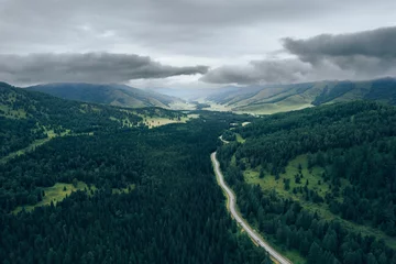 Fotobehang Silence autumn forest green trees and road way in rural Altai, aerial top view. Concept nature landscape mood melancholic © Parilov
