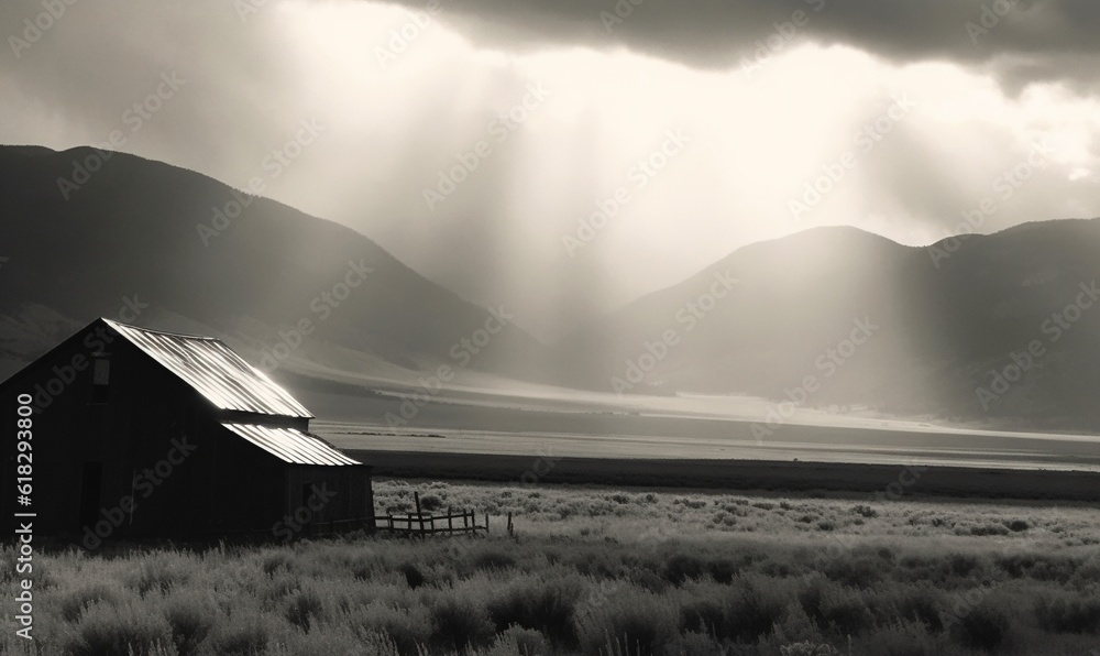 Poster a black and white photo of a barn in a field with mountains in the background and sun rays coming th