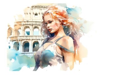 portrait of a beautiful woman with blonde hair in front of the Leaning Colosseum, italy. watercolour painting. 