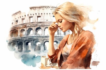 portrait of a beautiful woman with blonde hair in front of the Leaning Colosseum, italy. watercolour painting. 