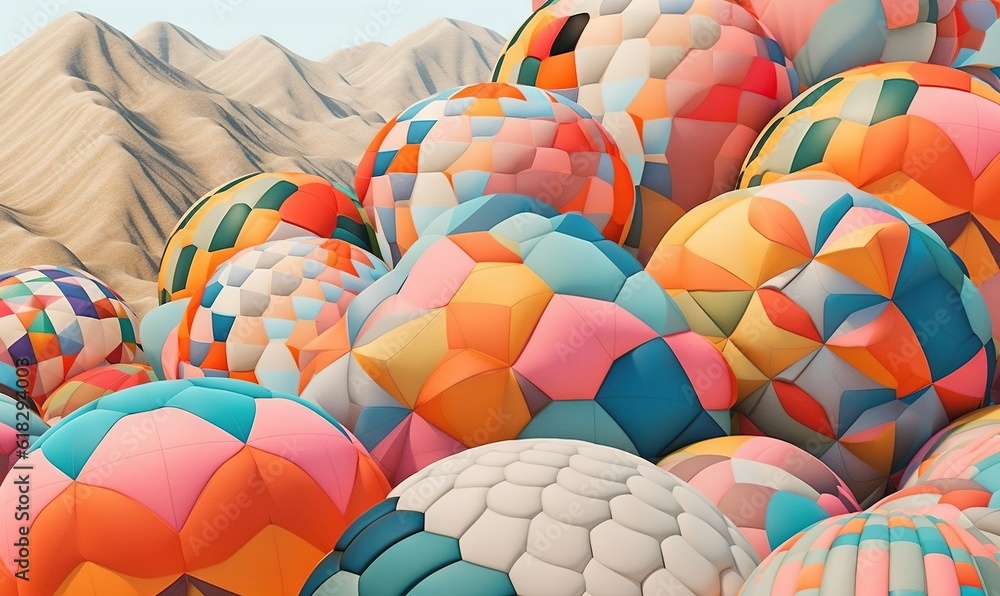 Poster a large group of colorful balls with mountains in the backgroup of the image in the background and a