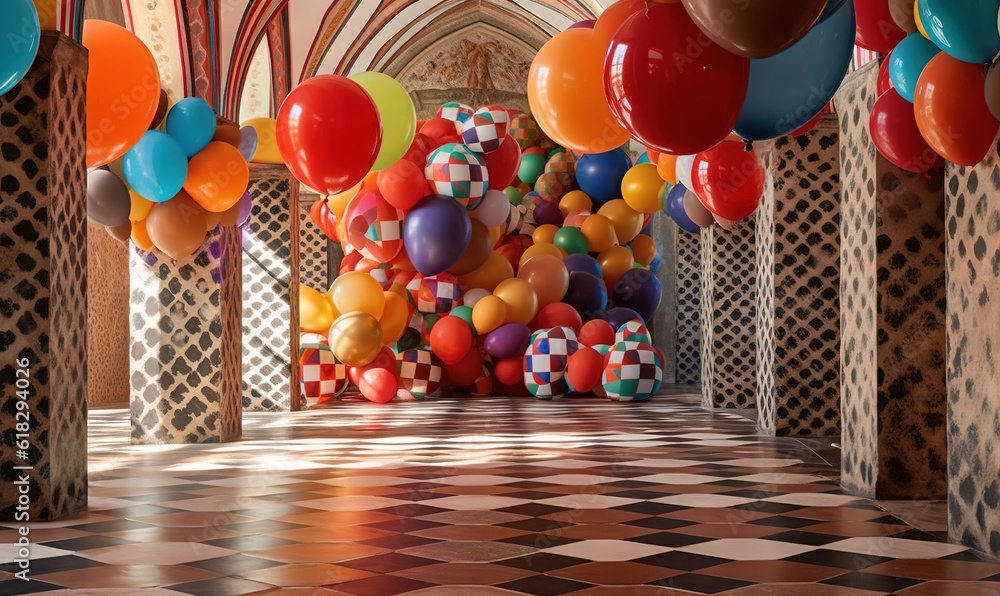 Poster  a room filled with lots of balloons and a checkerboard floor with a checkerboard pattern on the floor and a large number of balloons hanging from the ceiling.  generative ai