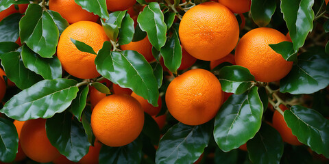 Oranges with leaves as a background, top view.