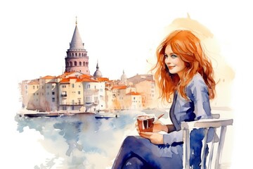 Beautiful female tourist having tea or coffee in front of galata tower. istanbul watercolour art works. Generative AI